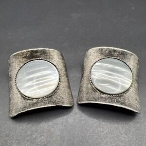 VTG 60's Musi Shoe Clips Textured Silver-tone Moon Glow Faux Mother Of Pearl